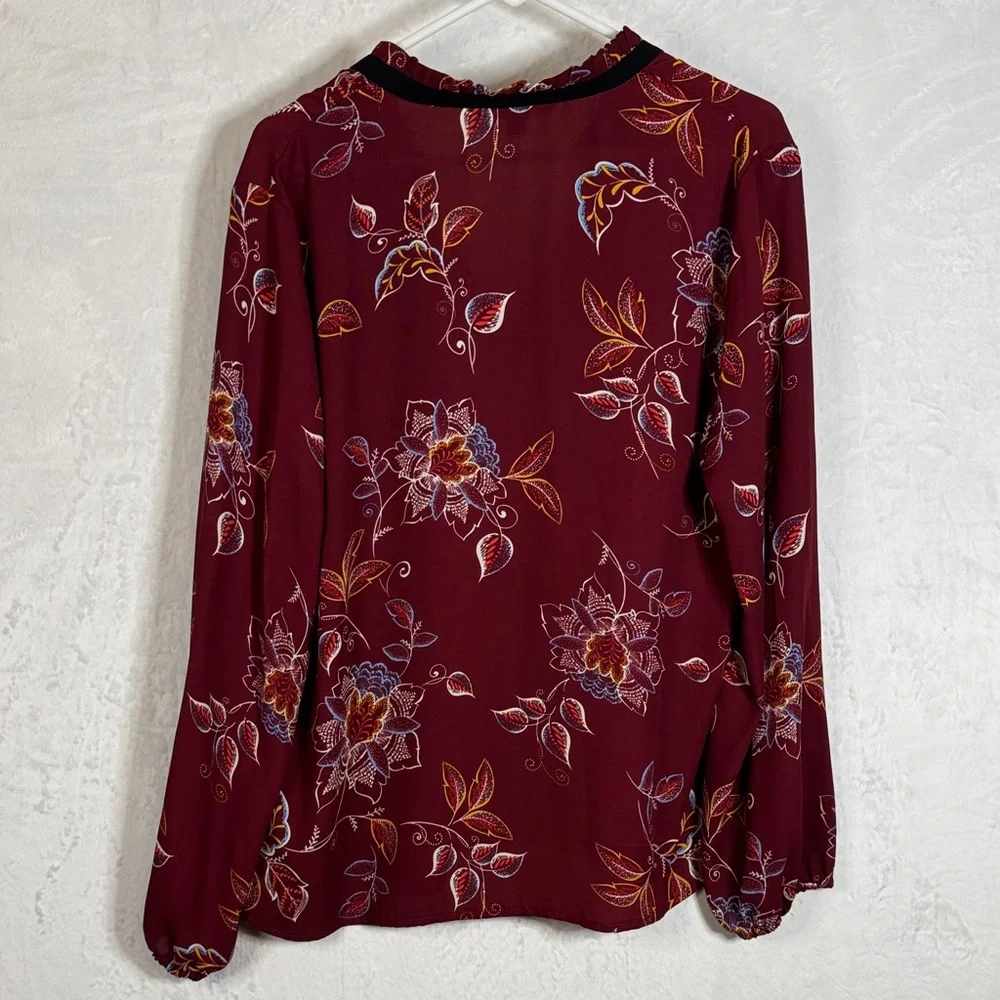 Valerie Stevens Semi Sheer Floral Burgundy Blouse Large